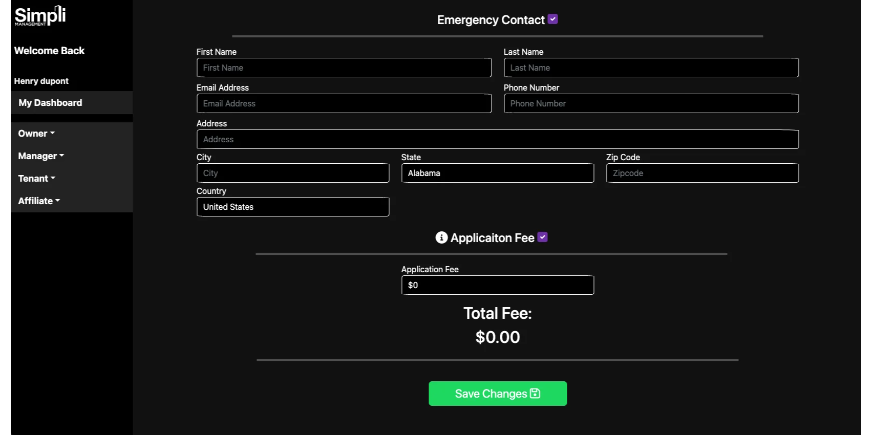 commercial real estate software showing application fees