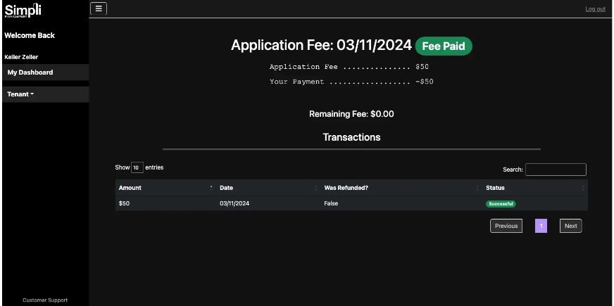 commercial property management software showing an application fee receipt