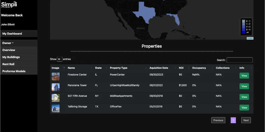 Building management software listing the performance of the buildings in a portfolio