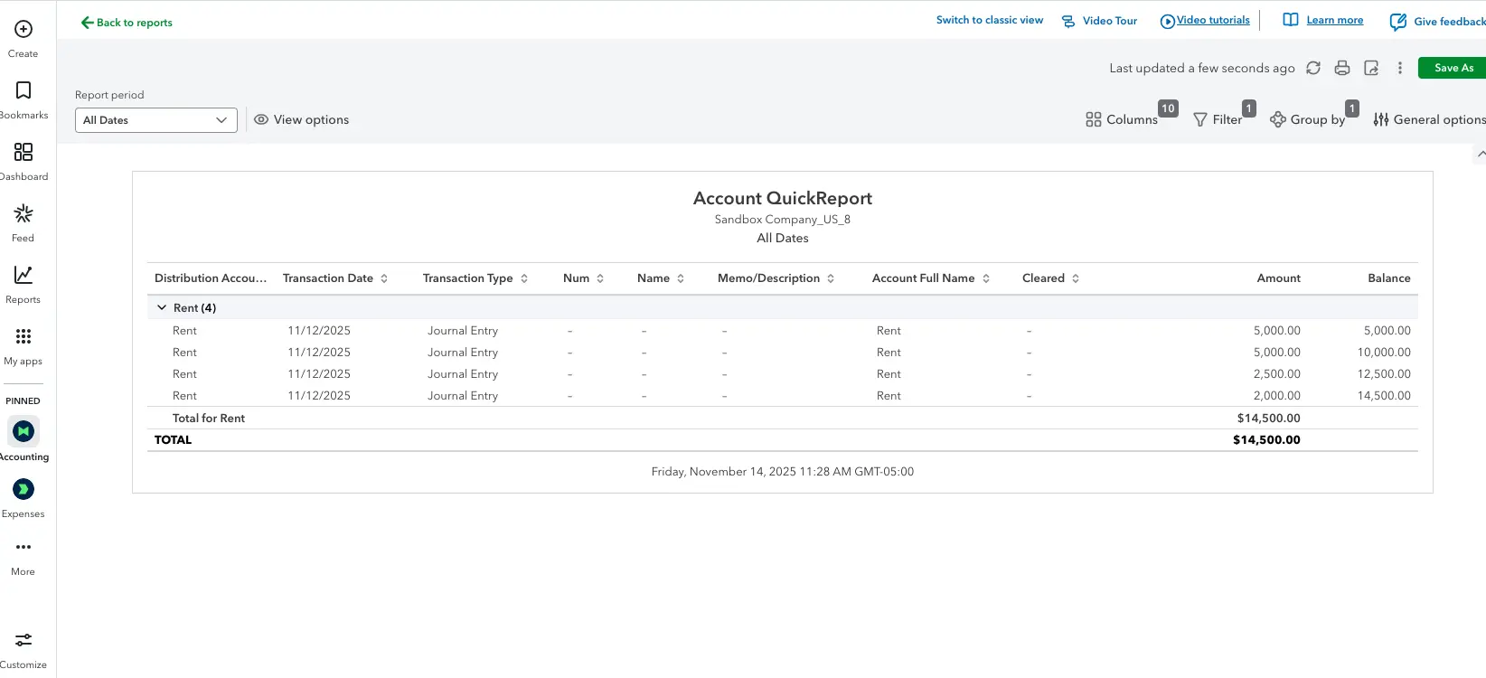 QuickBooks Online rent account entry