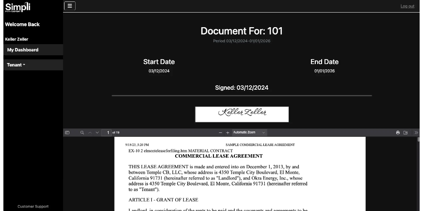 commercial property management software showing a signed lease