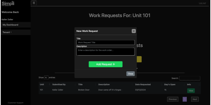 building management software showing a tenant submitting a request