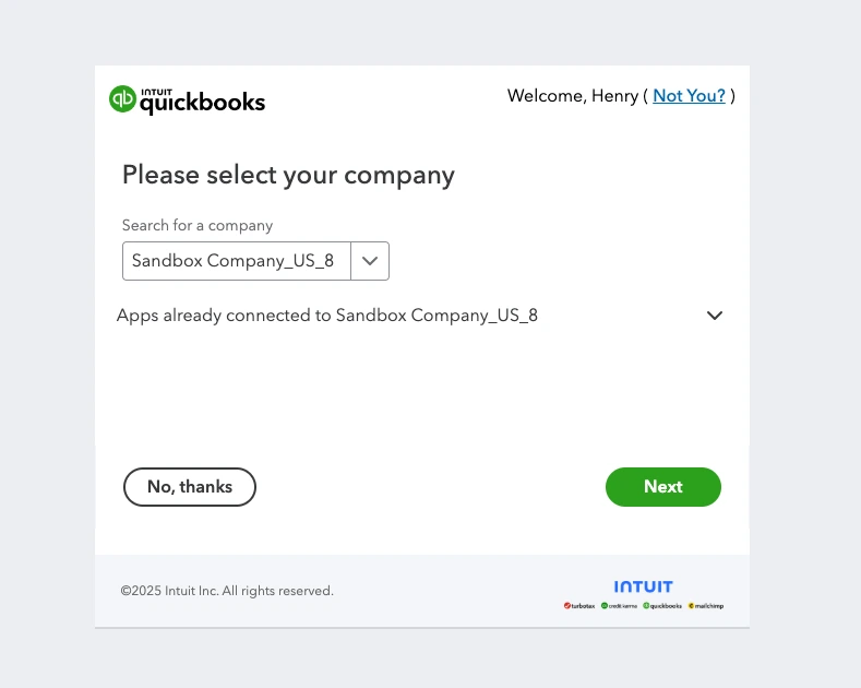 QuickBooks Online sign-in screen shown during Simpli Management connection