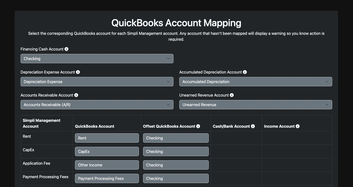 Simpli Management QuickBooks account mapping screen for buildings and income categories